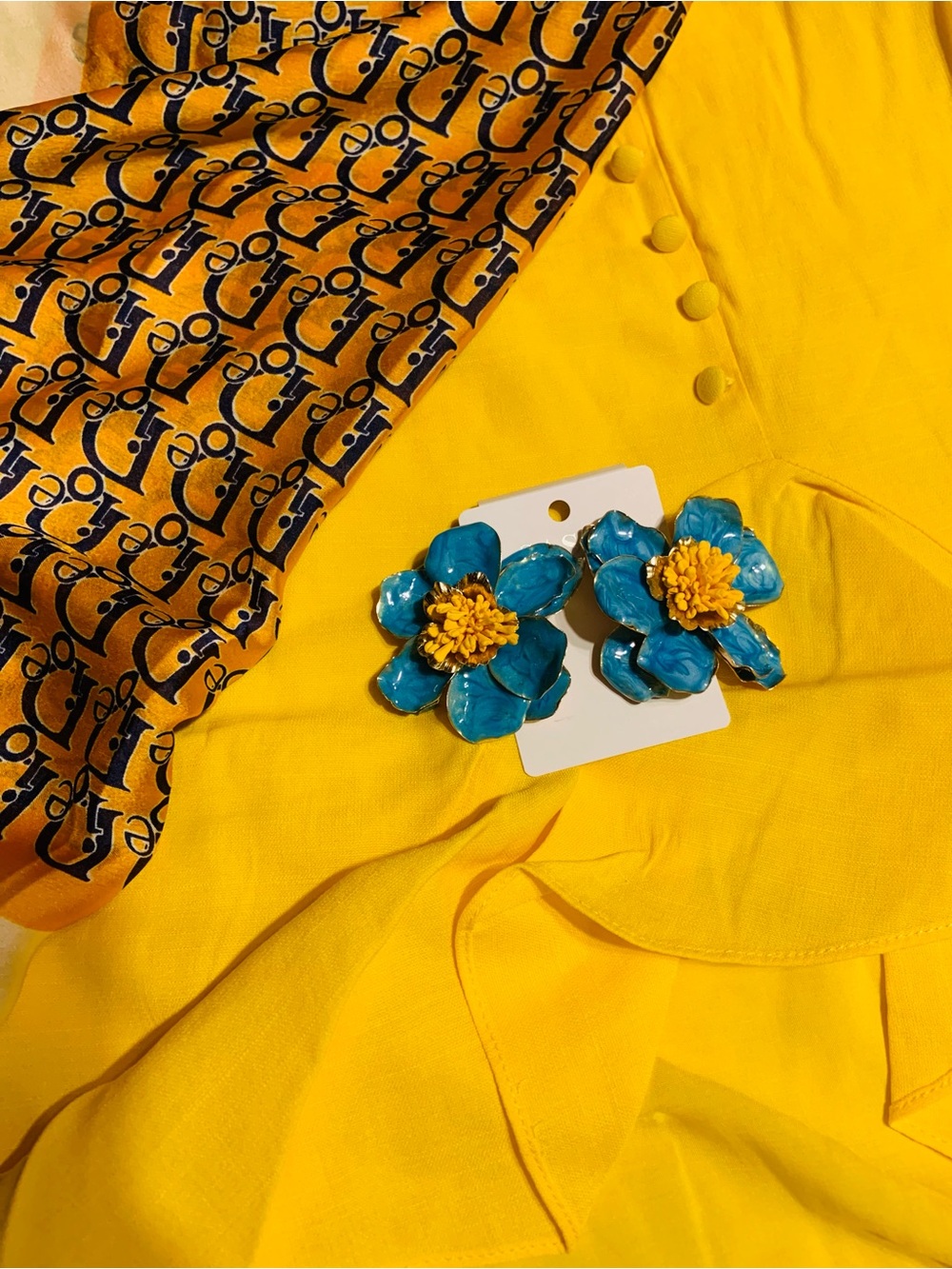 Blue Flower Statement Earrings on Yellow Ensemble